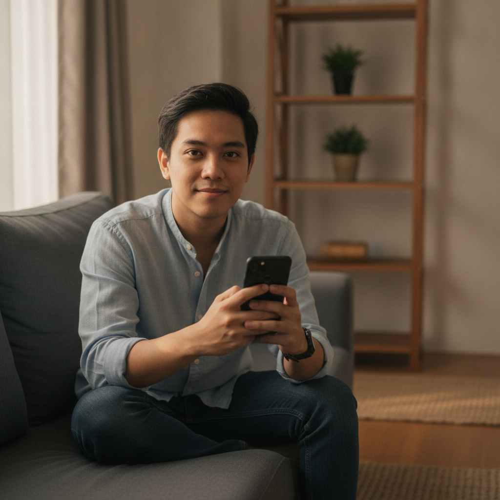 Filipino player holding smartphone ready to start online casino gaming
